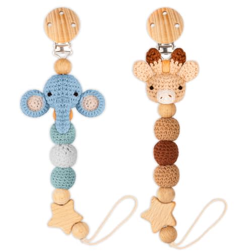 Pacifier Clip, 2 Pack Pacifier Clips for Newborn Boys and Girls, Cute Handmade Knitted Pacifier Holder Fits for Most Pacifier, Baby Shower and Baby Gift