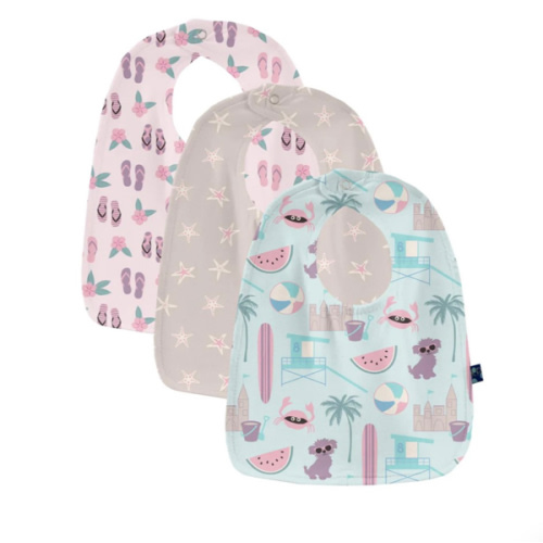 Kickee Pants Print Bib Set Of 3 Fresh Air Beach Day, Latte Starfish & Shrinking Violet Flip Flops And Flowers, One Size