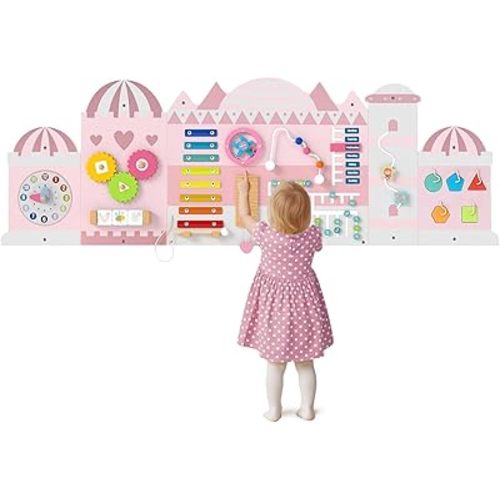 Olakids Pink Castle Sensory Wall, 11 in 1 Wooden Montessori Busy Board Panel, Toddler Wall Mounted Activity Center, Educational Toys Learning Gift for Boys Girls