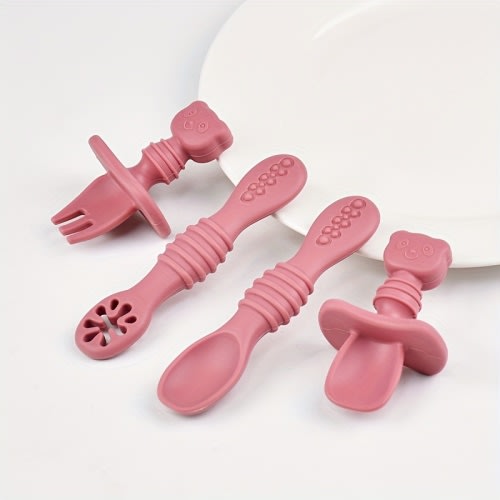 4pcs set of baby silicone fork spoon 0-3 years old complementary spoon baby eating special fork spoon feeding rice paste loophole spoon toddler cartoon soft spoon long handle short handle fork spoon set food grade soup spoon and fork