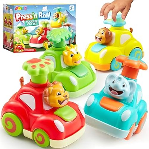 Animal Toy Cars, Toddler Toys for Boys Girls, 4 Pack Press and Go Cars Including Elephant, Monkey, Giraffe and Lion, Wind Up Toddler Gift, Christmas Birthday Gift for Kids