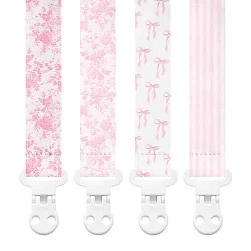 Stadela Baby Fabric Pacifier Clip Holder, Plastic Clip, 4‑Pack, Toile de Jouy Pattern, Giselle Set