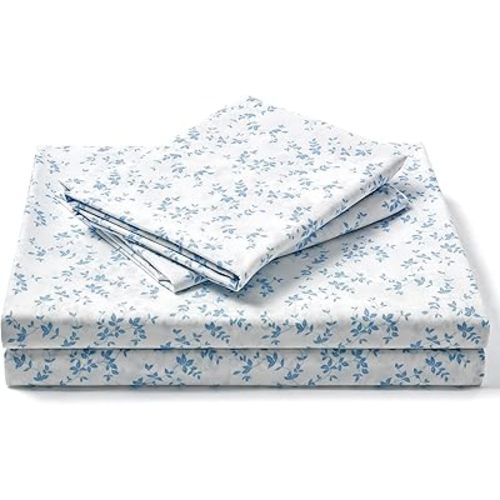 FreshCulture Floral Bed Sheets - Ultra Soft Full Size Bed Sheets - Brushed Microfiber Blue Floral Sheets - Deep Pockets - Easy Care - Hotel Luxury 4 Piece Flower Printed Sheets Full, Lille