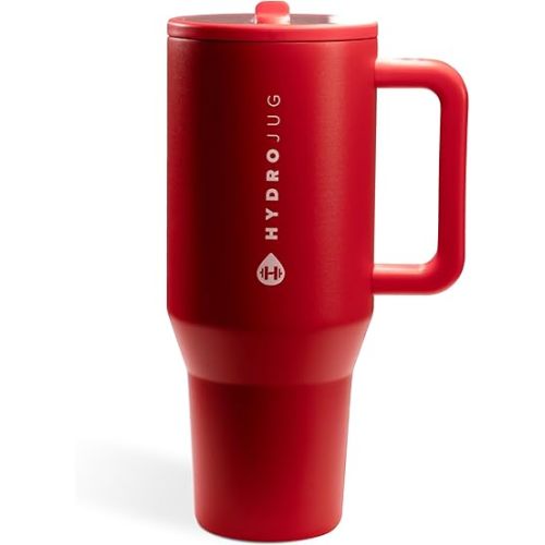 HydroJug Traveler - 40 oz Water Bottle with Handle & Flip Straw - Fits in Cup Holder, Leak Resistant Tumbler-Reusable Insulated Stainless Steel & Rubber Base - Gifts for Women & Men, Alumni Red