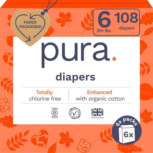 Pura Size 6 Eco-Friendly Diapers (29+ lbs) Totally Chlorine Free (TCF),Hypoallergenic, Soft Organic Cotton, Sustainable, up to 12 Hours Leak Protection, Allergy UK, 18 Count (Pack of 6),Total-108