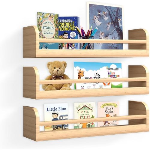 Floating Nursery Book Shelves, 16.5 inch Wall Book Shelves Kids Room, Set of 3 Baby Shelves for Nursery Décor, Ideal Wooden Nursery Shelves for Kids Room, Bedroom Bathroom and Kitchen (Natural Wood)