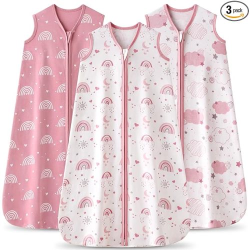 Baby Sleep Sack 6-12 months, 100% Cotton Sleeping Sack for Newborn and Infant, 3 Pack Baby Wearable Blanket, 0.5 Tog Lightweight Double Zipper Sleep Bag Medium Pink Rainbow
