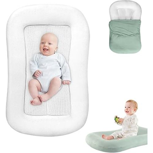 Baby Lounger Pillow for Newborn 0-24 Months, Infant Lounger Soft Organic Cotton Breathable for Home and Travel (Green)