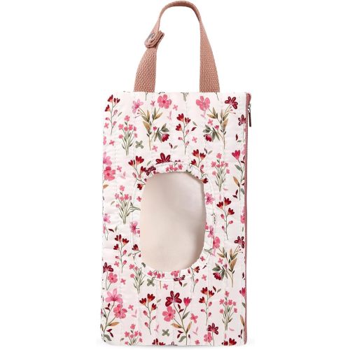 Quilted Baby Wipe Holder Quilted Wipe Pouch Portable Hanging Floral Wet Wipes Bag for Car, Stroller (Pink Flower)