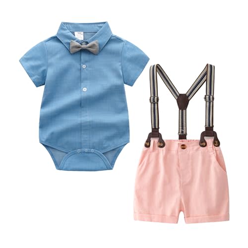 Baby Boys Gentleman Outfits Suits, Infant Short Sleeves Shirt+Bib Pants+Bow Tie Overalls Clothes Set