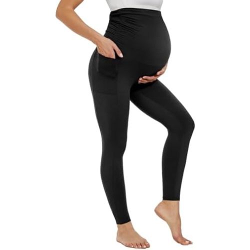 Happy.angel Maternity Leggings with Pockets Over The Belly - Soft Stretchy Yoga Pants for Pregnancy Workouts & Office