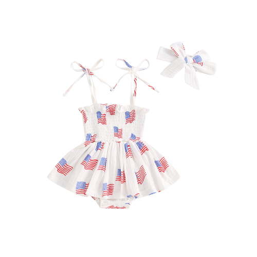 Bagilaanoe 4th of July Newborn Baby Girl Summer Rompers Dress Flag Print Sleeveless Bodysuits + Headband 3M 6M 12M 18M Infant Patchwork A-line Dresses Independence Day Clothes