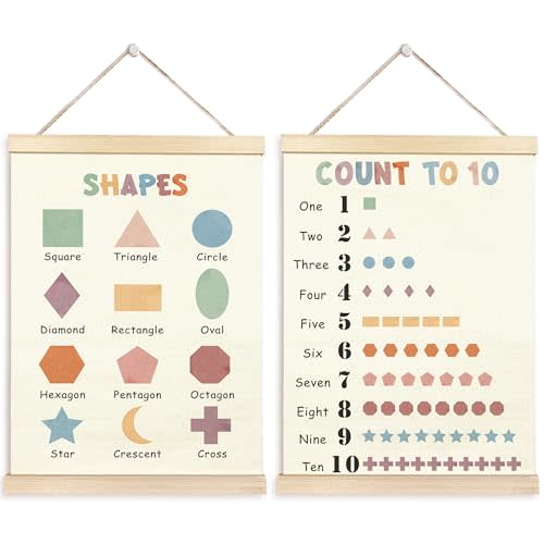 TAEDIN Numbers Shapes Wall Art Poster Hanger Frame Set of 2 - Nursery Kids Playroom Wall Decor with Wood Frames, Educational Flag Decor for Toddler Playroom Nursery, 12x16 Inches