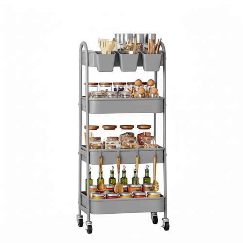 EDX 4-Tier Rolling Cart, 132 lbs Metal Utility Cart Storage Organizer with Lockable Casters, Multi-Functional Mesh Rolling Storage Cart for Kitchen Office, Gray