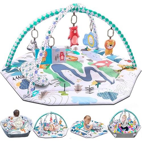 Bellababy Tummy Time Mat, 10-in-1 Baby Gym Activity Play Mat & Ball Pit, with High Contrast Toys & Self-Discovery Mirror & Tummy Time Pillow for Sensory and Motor Skill Development