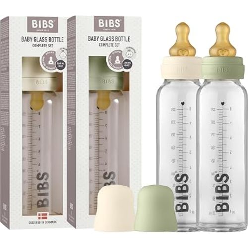 BIBS Glass Bottle, 7.6 oz/225 ml, 2-Pack, Natural Rubber Nipple, Ivory/Sage