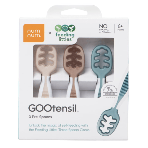 NumNum Baby Spoons Set, Feeding Littles x Silicone Pre-Spoon GOOtensils for Baby Led Weaning, Self-Feeding & Teething, First Stage Toddler Utensils for Ages 6+ Months, 3-Pack, BPA-Free (Neutrals)