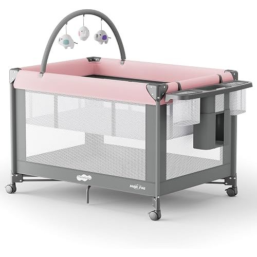 Pamo Babe Pack and Play - Travel Crib with Mattress, Easy Setup Small Portable Playpen for Babies, Lightweight Foldable Baby Playard with Lockable Wheels, Toy Arch & Large Storage Bag - Grey
