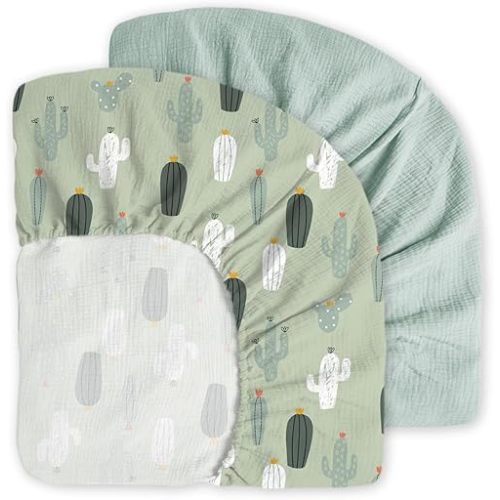Little Grape Land Muslin Crib Sheets Fitted for Boys and Girls 2 Pack, 100% Cotton Baby Bed Sheets Soft Breathable, Neutral Fitted Baby Mattress Sheets for Standard Crib 52x28 inches, Cactus