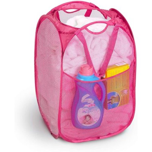 Smart Design Deluxe Mesh Pop Up Square Laundry Hamper with Side Pocket and Handles - VentilAir Fabric Collapsible Design - for Clothes and Laundry - Home - Holds 2 Loads - 14 x 23 Inch - Pink
