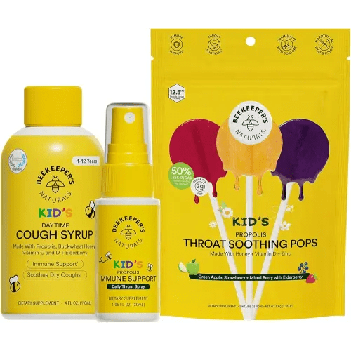 Beekeeper's Naturals Kid's Immune Support Essentials | Kid's Propolis Throat Spray - Propolis Honey Cough Syrup for Kids - Throat Soothing Lollipops | Natural Immune Support - Sore Throat Relief