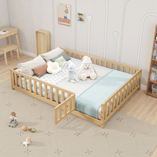 Ophelia & Co. Full Size Floor Platform Bed with Fence and Door for Kids Montessori Bed | Wayfair