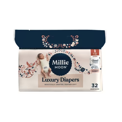 Millie Moon Luxury Diapers, Size 1, Cloud Touch Softness, Ultra Absorbent Disposable Baby Diapers, 32 Count