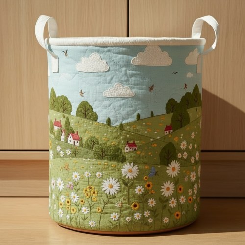 Quilted Laundry Basket Cottagecore Meadow, Vintage Countryside Storage Bin, Floral Fabric Hamper, Rustic Home Organizer