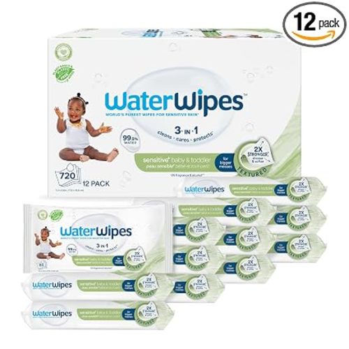 WaterWipes Sensitive+ Baby & Toddler Wipes, 3-In-1 Cleans, Cares, Protects, 99.9% Water, Textured Clean, Unscented & Hypoallergenic, 720 Count (12 Packs)