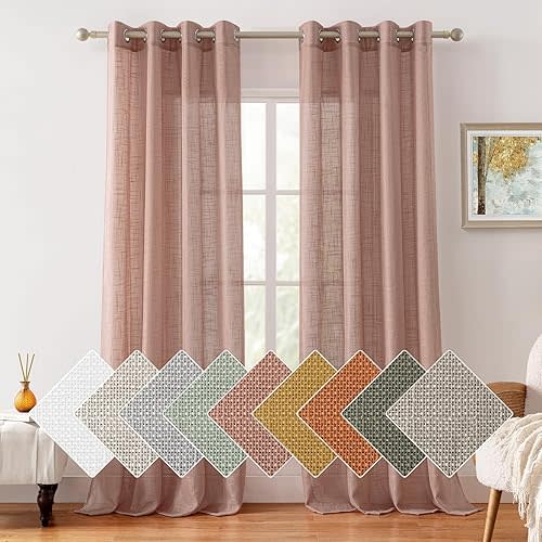 HOMEIDEAS Blush Pink Linen Sheer Curtains, 84 Inches Long 2 Panels Textured Dusty Blush Semi Sheer Curtains Farmhouse Privacy Window Drapes for Bedroom Living Room
