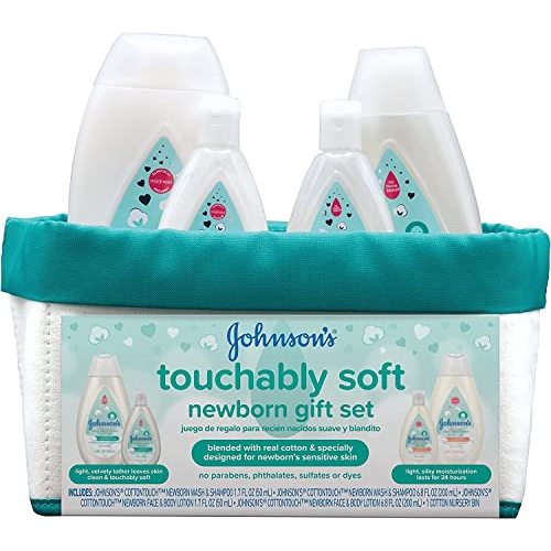 Johnson's Touchably Soft Newborn Baby Gift Set for New Parents, Baby Bath & Skincare Essentials for Newborn Skin, Hypoallergenic, Free of Paraben, Sulfates, and Dyes, 5 Items