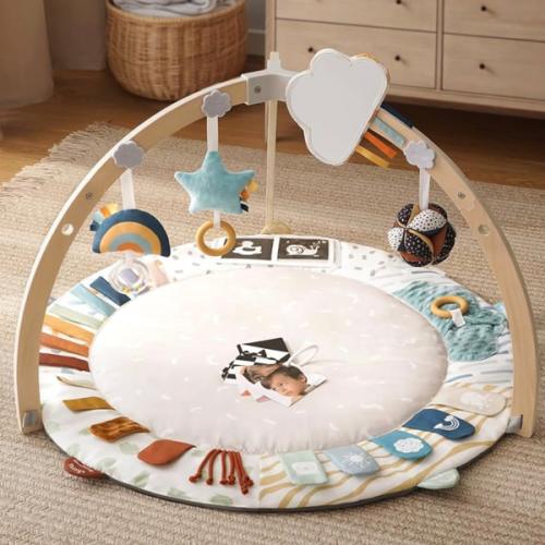 Blissful Diary Baby Play Gym & Activity Mat, 5 Developmental Zones Wooden Tummy Time Mat with 5 Detachable Sensory Toys for Motor Skills & Sensory Development, Baby Essentials Shower Gift