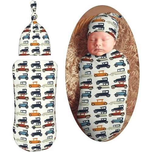 Colorful Vintage Car Newborn Swaddle Blankets Hat Sets Soft Baby Receiving Blanket Swaddle Sack for Baby Shower Infant Boy Girl Gift
