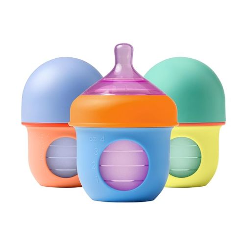 Boon Nursh Reusable Silicone Pouch Baby Bottles - Slow Flow Nipple - Silicone Baby Bottle Pouch and Nipple - Baby Feeding Essentials - Color Block - 0-3 Months - 3 Count - 4 Ounce