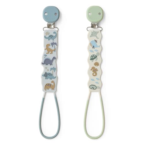 Moonkie Flat Silicone Pacifier Clips (2-Pack) – One-Piece Strap Holders, Binky Clips for Baby Boys & Girls, Gift-Ready Baby Essentials (Dino & Deep Sea)