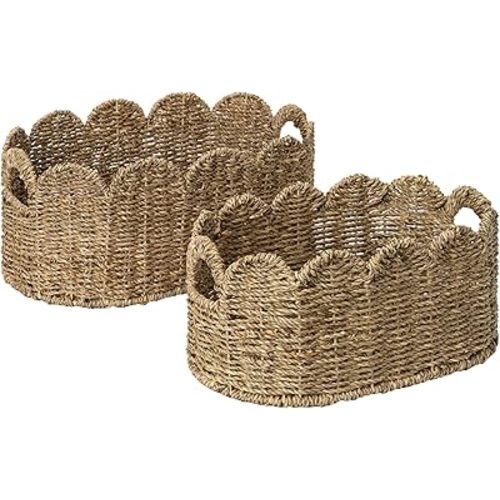 StorageWorks Scalloped Wicker Basket, Hand-woven Rattan Baskets with Built-in Handles, Cute Baby Basket for Nursery, Seagrass Baskets for Organizing and Decor, 2 Pack