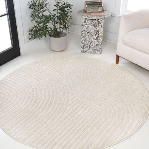 JONATHAN Y Hallie High-Low Minimalist Curve Geometric Ivory/Cream 7 ft. Round Indoor/Outdoor Area Rug, Non-Shedding, Easy-Clean