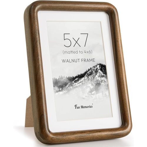 Fun Memories 5x7 Picture Frame, Solid Walnut Wood Frame with Real Glass, Hard Wood 5 by 7 Photo Frame for Wall & Tabletop Display, 5x7 Picture Frame Matted to 4x6, Natural Walnut Color
