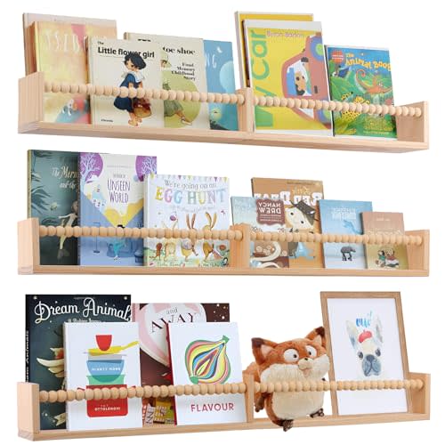 birola Nursery Book Shelves for Kids Rooms - 32 Inches Floating Wall Bookshelves Set of 3, Space-Saving Nursery Shelves with Beads Design for Kids Room, Bedroom and Study Room(Natural)