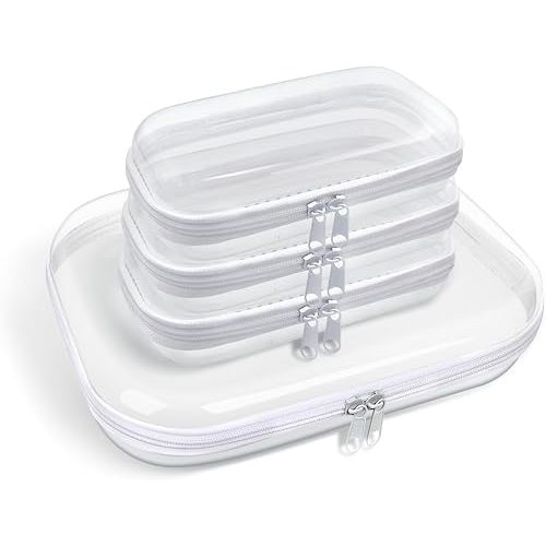 Clear Hard Shell Zipper Case,3PCS Transparent Clear Zipper Pouches,Hard Side Plastic Case Set,Portable Travel Storage Organizer Bins