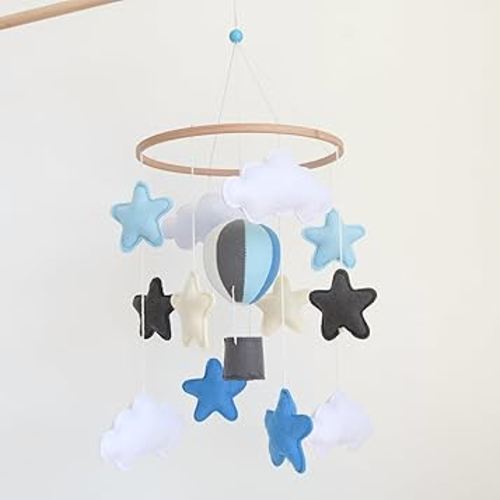 Sky Blue Hot Air Balloon Mobile for Crib Boho Baby Crib Mobile for Boys Girls Stars & Clouds Hot Air Balloon Baby Mobile for Crib