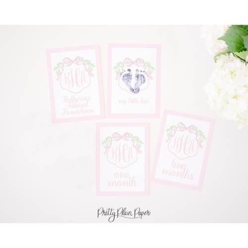 Monthly Milestone Cards | 5x7 | Watercolor Pink Crest with Monogram and Bow | My First Year Cards for Newborn Baby Photos | Printable | 1054