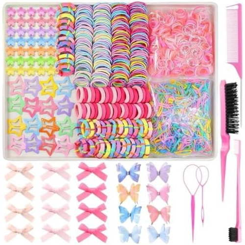 900 count Colorful Hair Ties for Girls Multi-color Hair Accessories for Girls Hair Ties with Hair Tail Tools and Cute Hair Clips