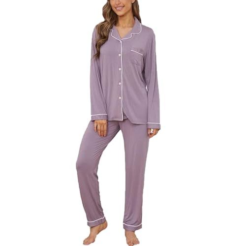Yoolfine Button Up Pajamas for Women Long Sleeve Sleepwear Soft Loungewear Ladies Pjs Set XS-XXL