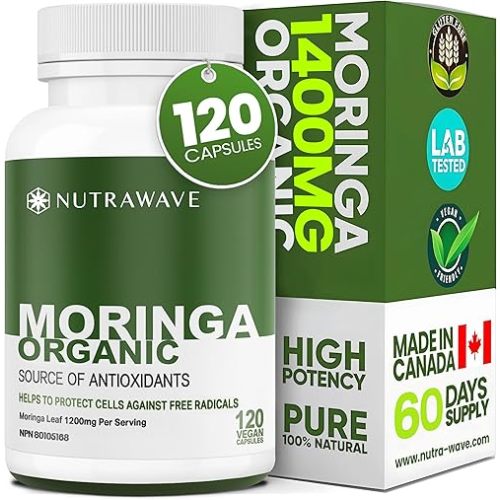 Nutrawave Organic Moringa Leaf Capsules 1200mg (2 x 600mg) for Liver Detox Cleanse, Gut Health, Hormone Balance, Gluten Free, Non-GMO, Vegan-Friendly Antioxidant Supplement, 120 Capsules