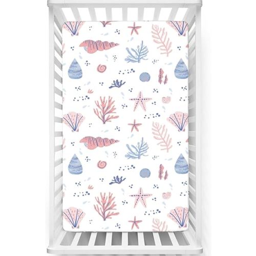 Coastal Themed Fitted Mini Crib Sheets,Portable Mini Crib Sheets Soft Toddler Mattress Sheet Fitted - Crib Mattress Sheet or Toddler Bed Sheet,24“ x38“,White Blush and Ceil Blue