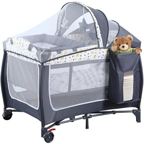 ANNA QUEEN 4 in 1 Pack and Play,Portable Baby Nursery Center Baby Playard, Foldable Baby Crib with Changing Table & Wheels,Removable Canopy with Toys,Storage Bag (Grey)