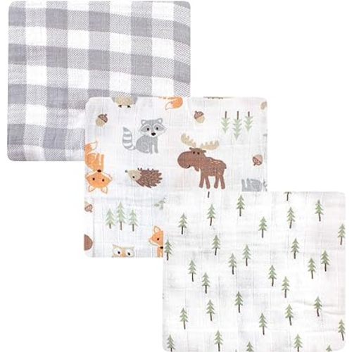 Hudson Baby Unisex Baby Cotton Muslin Swaddle Blankets, Woodland 3-Pack, 3-Pack