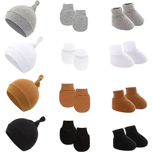 Cotton Baby Hats with Mittens Socks, Winter Warm Breathable Soft Newborn Hospital Hats Set for 3-12 Month Boys and Girls (4-Sets)