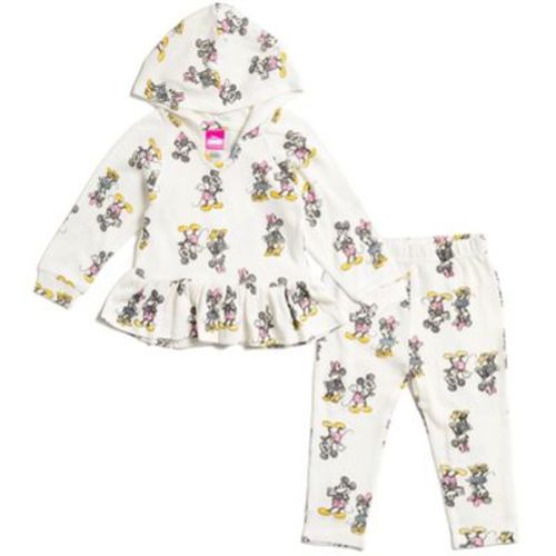 Disney Mickey Mouse & Friends Baby Girls' Pullover Knit Allover Print Ruffle Hooded Top and Pants Outfit White Minnie 12 Months